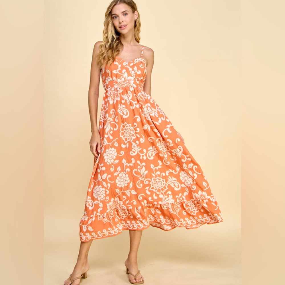 Millibon Orange Floral Midi Dress